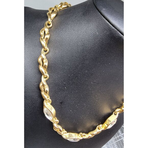 Gold Plated Chain Necklace W/ Marquise-Cut Clear Stones Adjustable Clasp 18" - Picture 13 of 16
